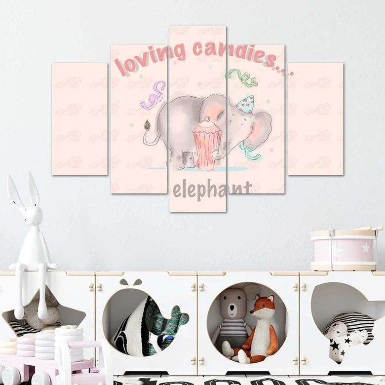 Leinwandbild 5 teilig, Rosa Elefant 