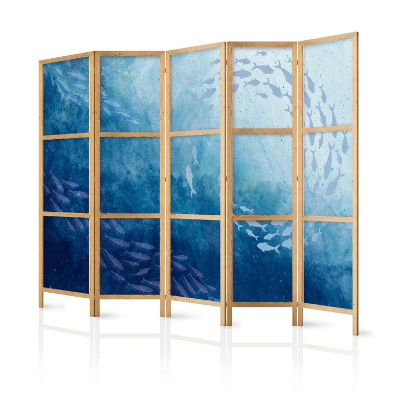 Japanischer Paravent, Raumteiler freistehend, Trennwand - Luminous Clusters of Fish in Blue: Ocean Depths 