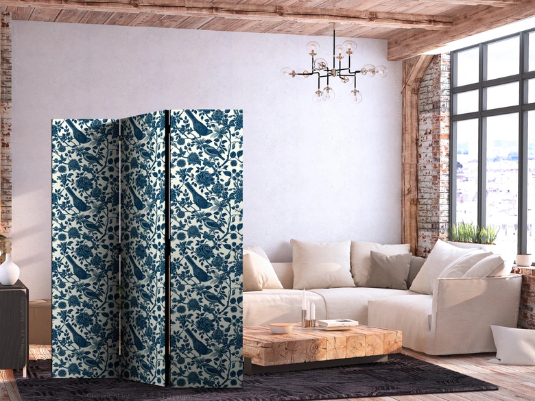 Paravent, Raumteiler freistehend, Trennwand - Rose Vines - Monochromatic Blue Birds Resting Among Roses 