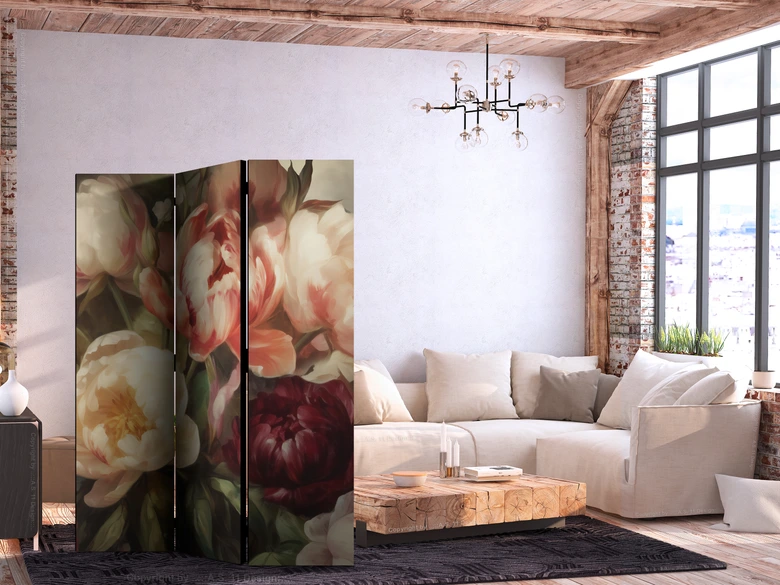Paravent, Raumteiler freistehend, Trennwand - Blooming Peonies - Charismatic Flowers Bathed in Sunlight 