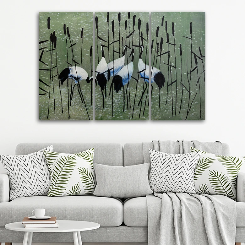 Leinwandbild 3-teilig, Kraniche Vögel Wasser Natur 
