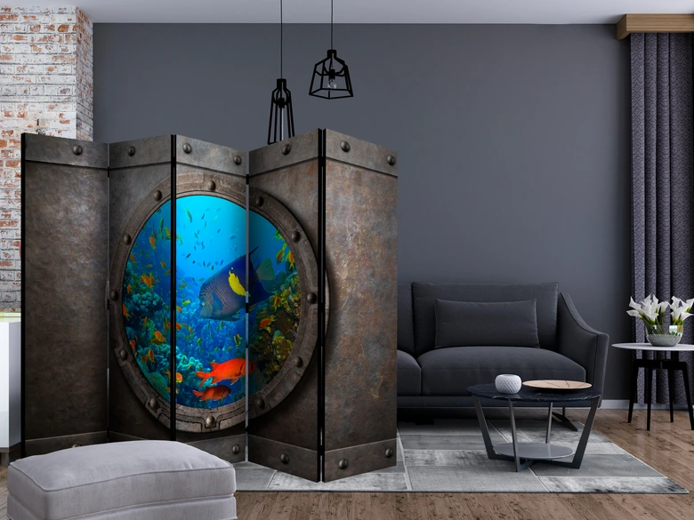 Paravent, Raumteiler freistehend, Trennwand - U-Boot-Fenster , 5-teilig - 225x172 cm 