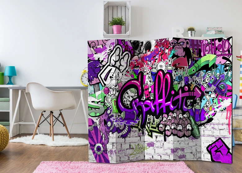 Paravent, Raumteiler freistehend, Trennwand - Lila Graffiti, 5-teilig - 225x172 cm 