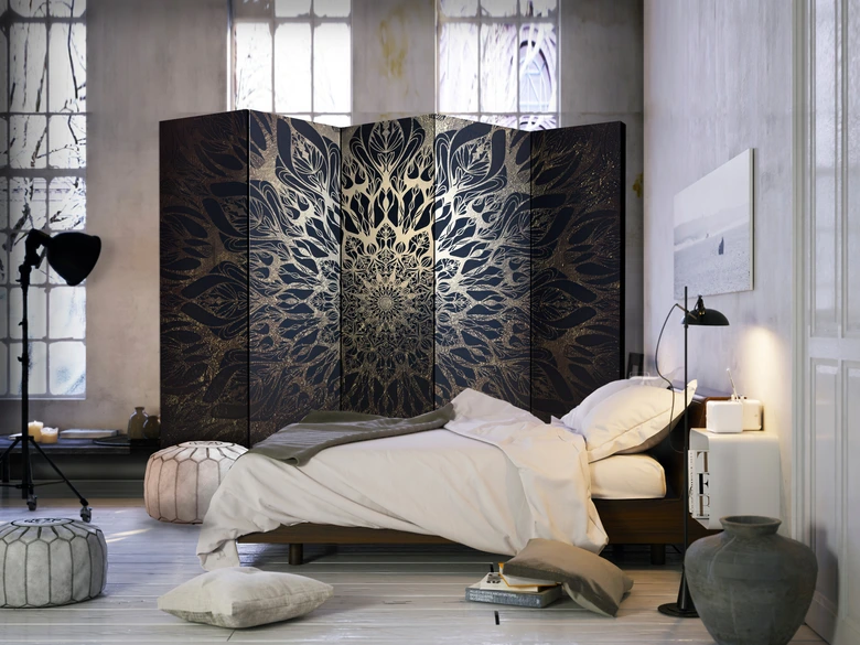Paravent, Raumteiler freistehend, Trennwand - Spinnennetz (Braun) , 5-teilig - 225x172 cm 