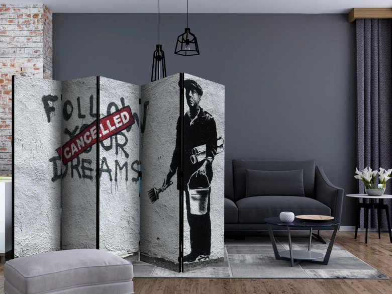 Paravent, Raumteiler freistehend, Trennwand - Abgebrochene Träume (Banksy) , 5-teilig - 225x172 cm 