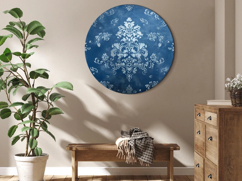 Rundes Leinwandbild Retro Ornament: Dekoratives Motiv in verwaschenem Blau 