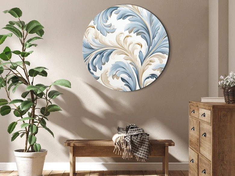 Rundes Leinwandbild Barocke Ornamente in Creme-Blau 