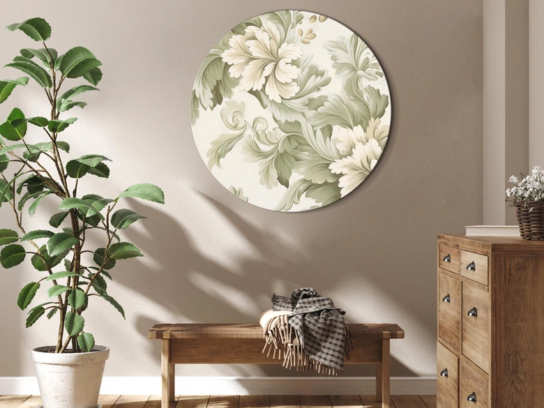 Rundes Leinwandbild Retro Vintage Blumen in zarten Creme- und Grüntönen 