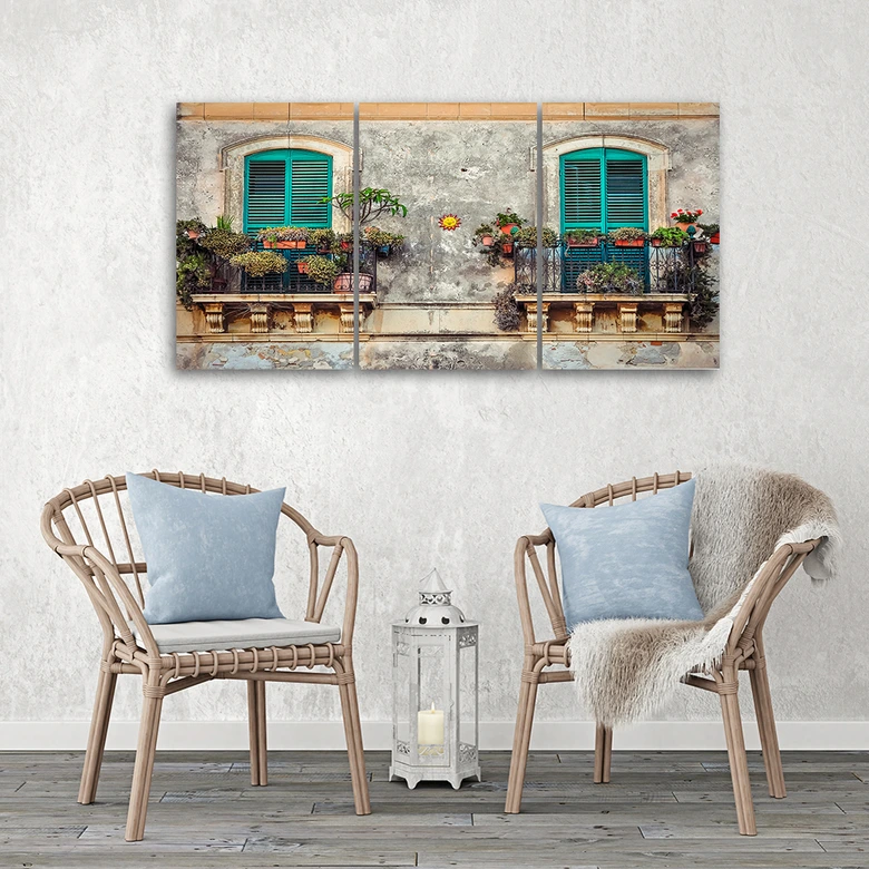 Leinwandbild 3-teilig, Straße Italien Fenster Blumen 