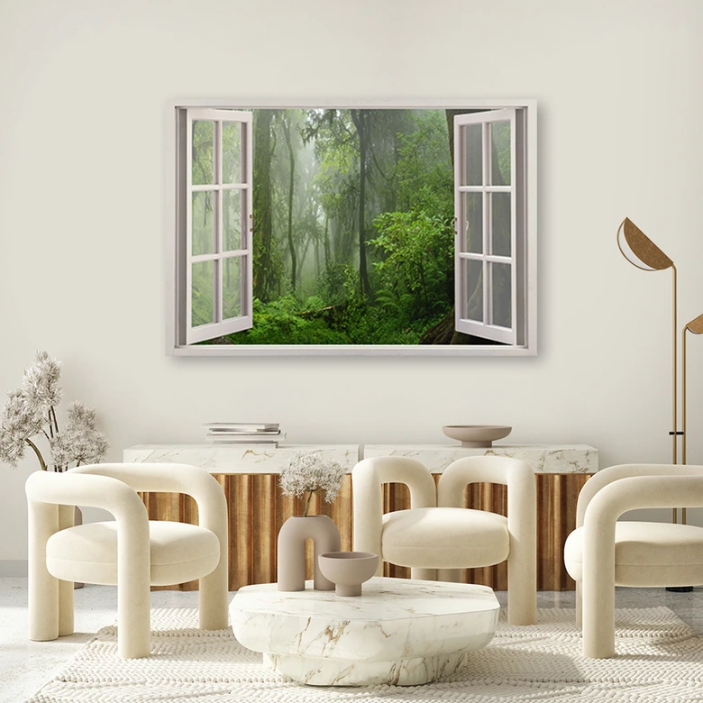 Leinwandbild, Fensterblick Wald im Nebel Dschungel 
