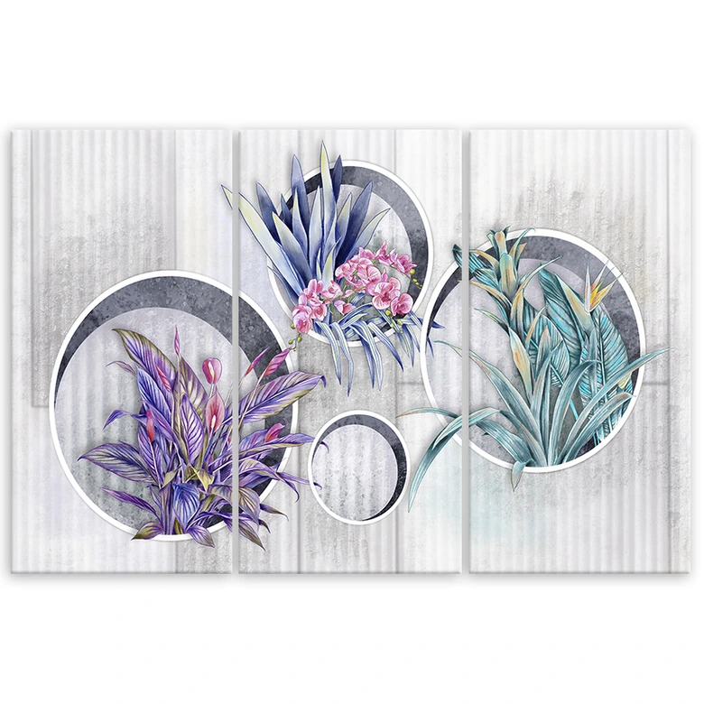 Leinwandbild 3 teilig, Quadratkisten Regale mit Blumen 