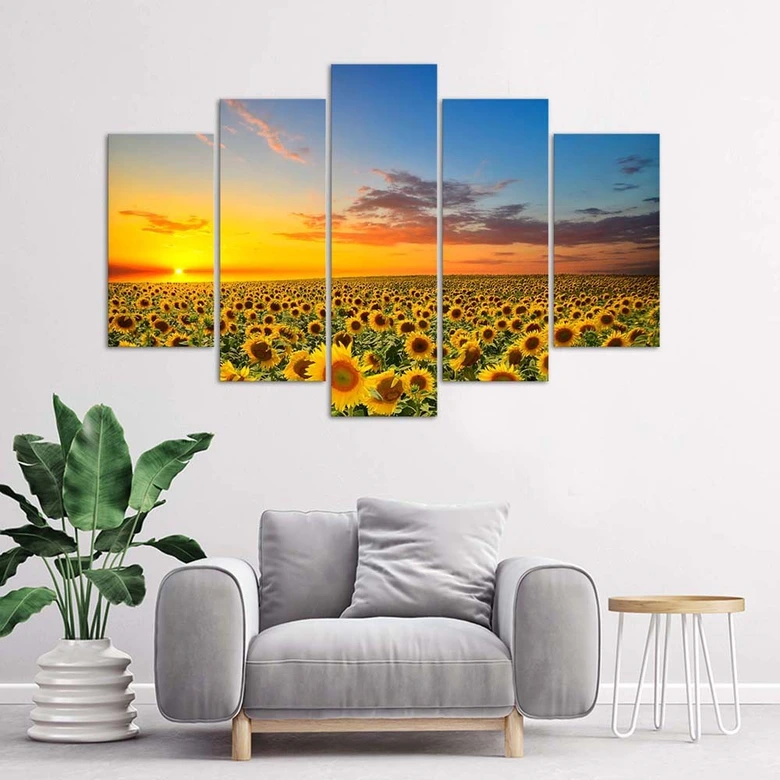 Leinwandbild 5 teilig, Sonnenblumen Sonnenuntergang 