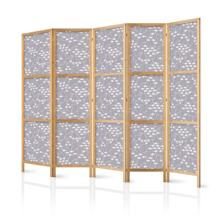 Japanischer Paravent, Raumteiler freistehend, Trennwand - Tiny Light-Beige Fish: Oceanic Depths 