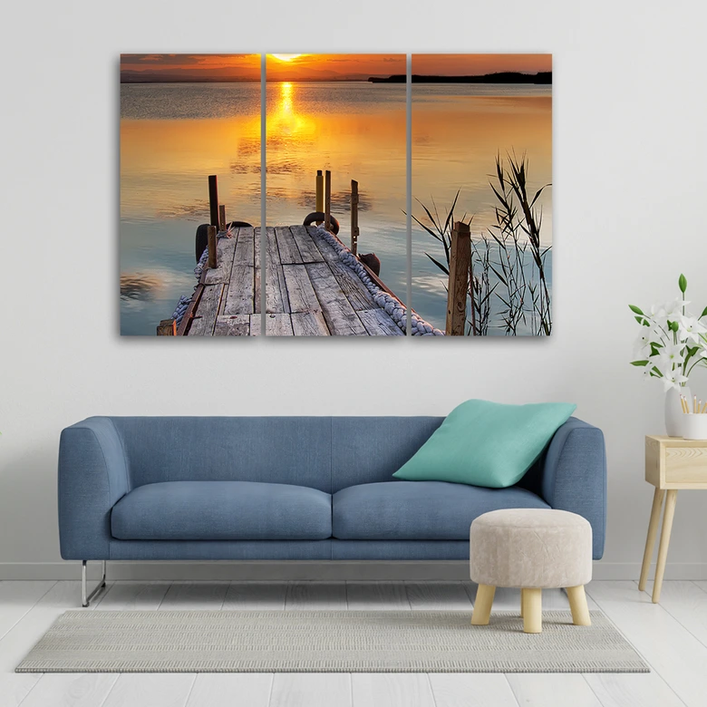 Leinwandbild 3-teilig, Sonnenuntergang Steg See Natur 