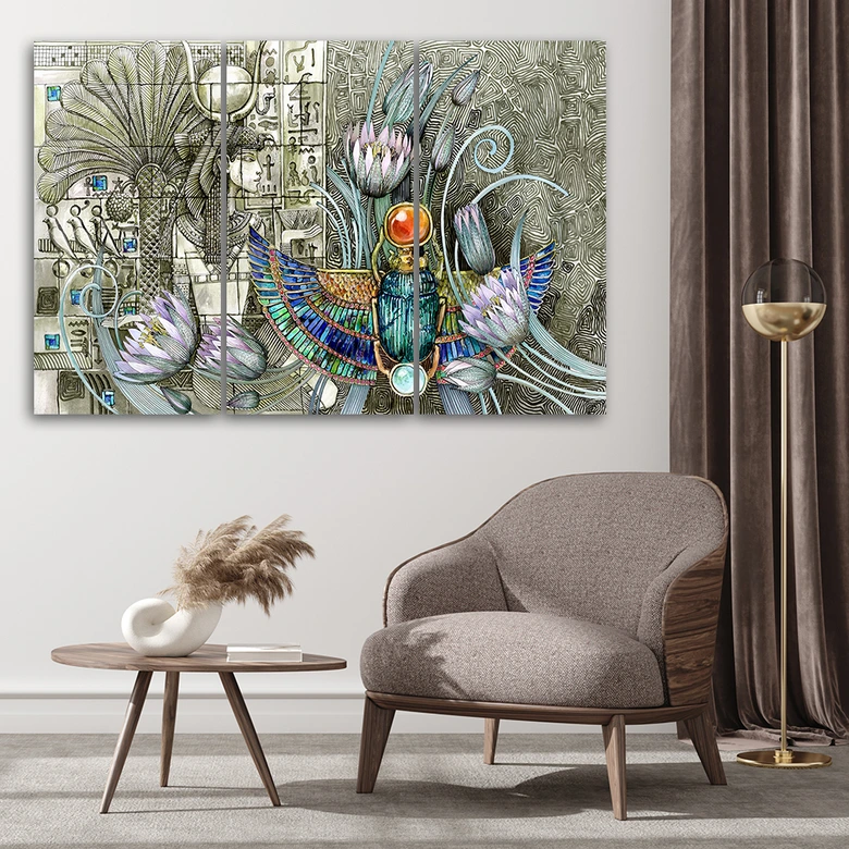 Leinwandbild 3 teilig, Ägyptische Hieroglyphen und Skarabäen 