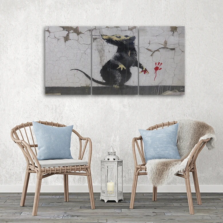 Leinwandbild 3-teilig, Banksy Straßenkunst Ratte 
