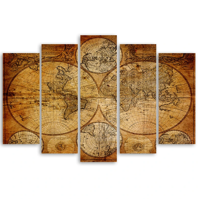 Leinwandbild 5 teilig, Alte Weltkarte Braun 