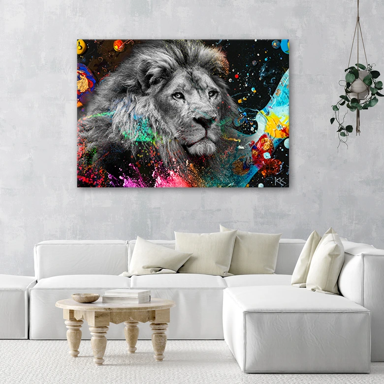 Canvas schilderij, leeuw op kleurrijke achtergrond 