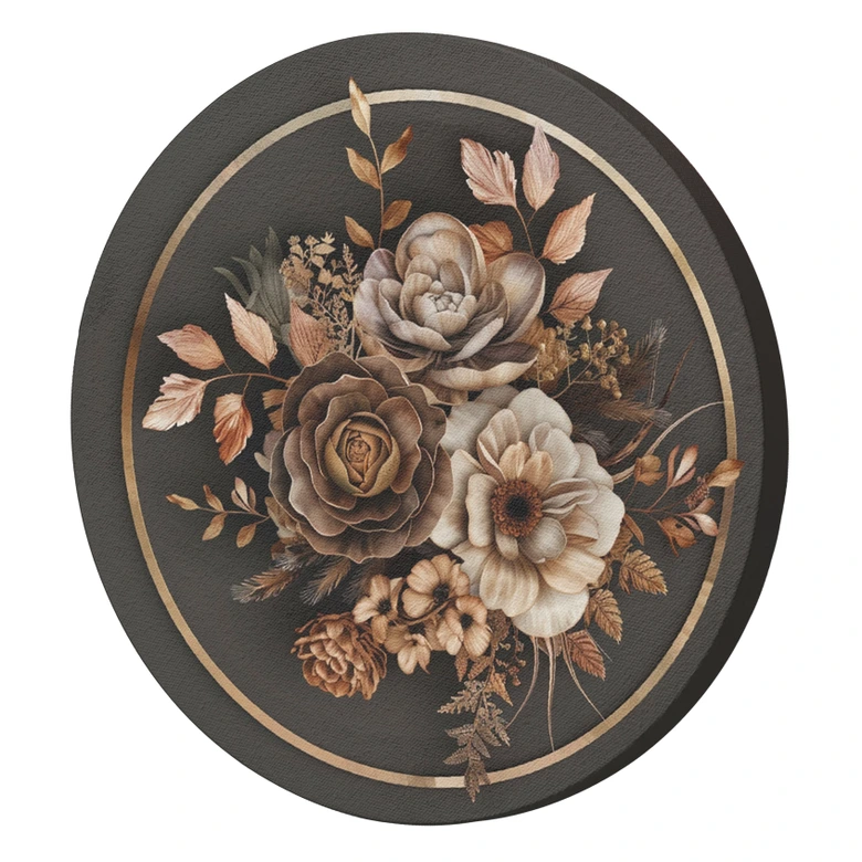 Rundes Leinwandbild Beige Blumen und Blätter 