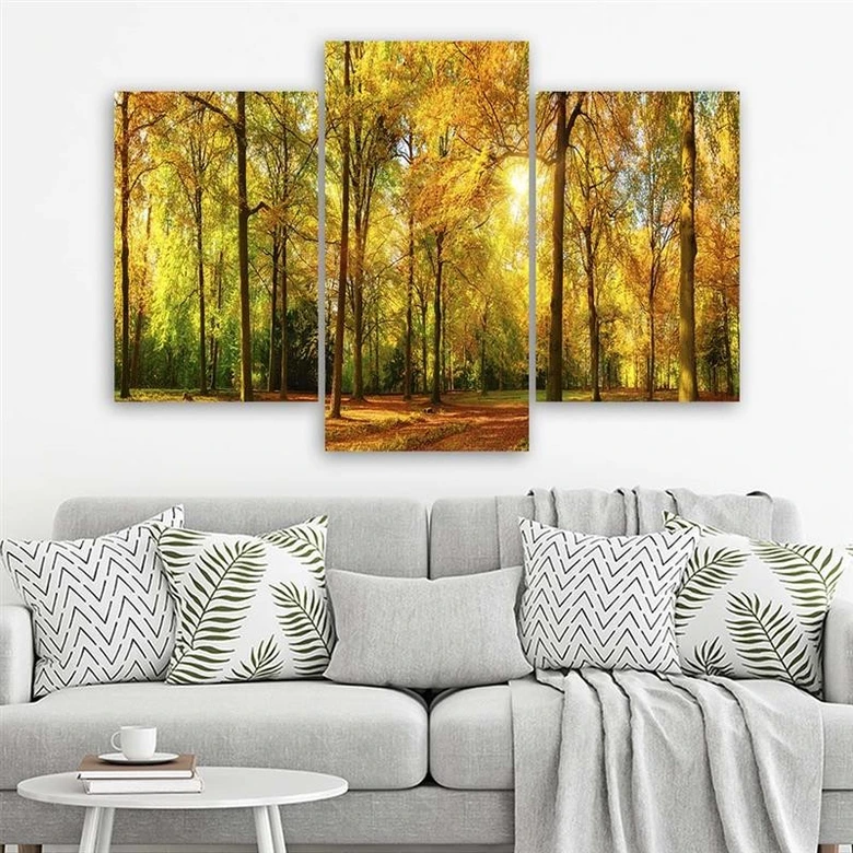 Leinwandbild 3-teilig, Wald Baum Herbst Gelb 