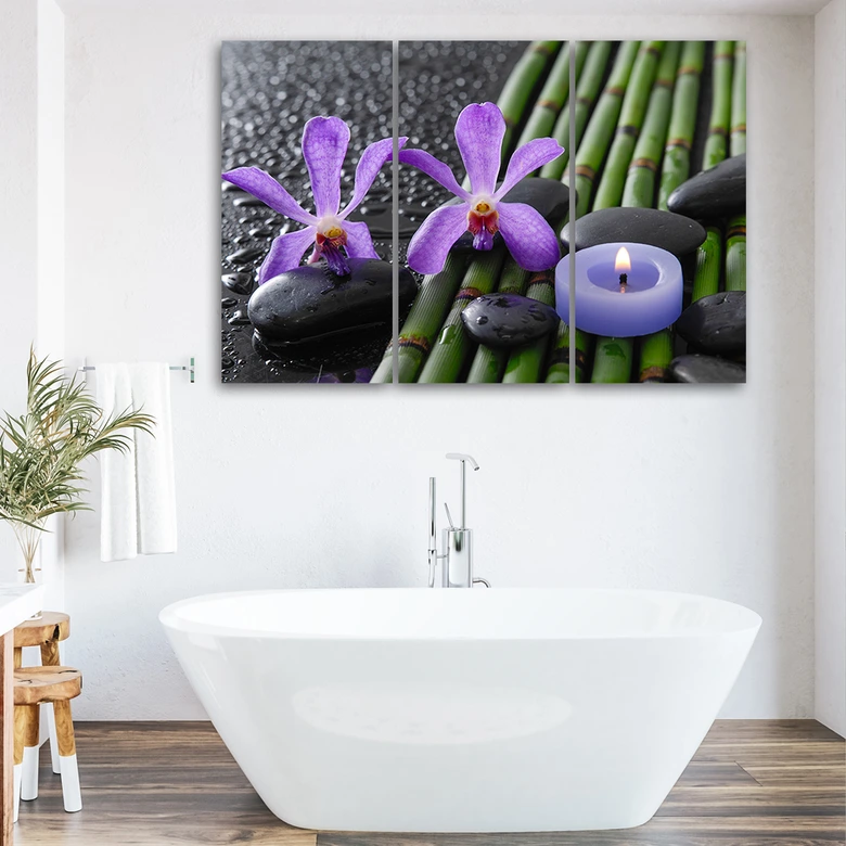 Leinwandbild 3-teilig, Bambus Zen Blume Kerze 