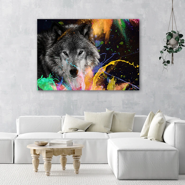 Leinwandbild, Wolf auf farbenfrohen Hintergrund 