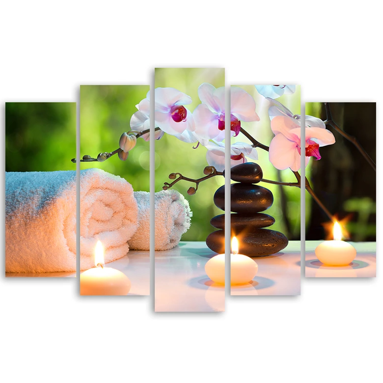 Leinwandbild 5 teilig, Handtuch Blumen Kerzen 