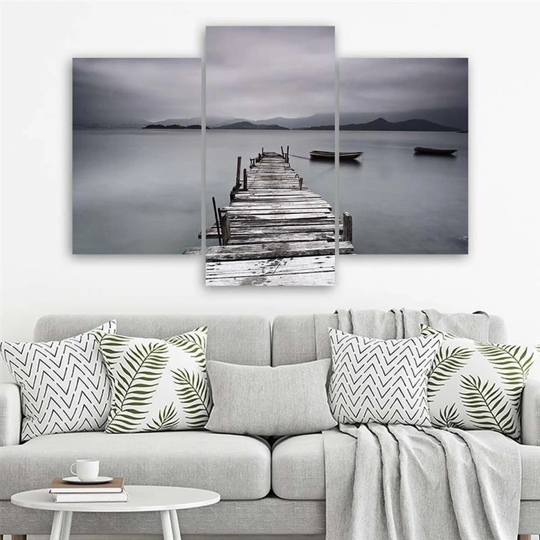 Leinwandbild 3-teilig, Steg See Natur Grau 