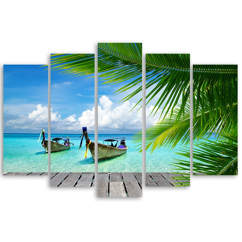 Leinwandbild 5 teilig, Tropischen Strand Meer Boote 