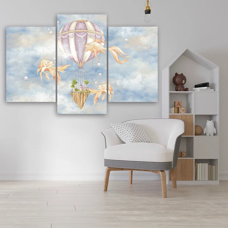 Leinwandbild 3 teilig, Heißluftballon fliegendes Haus und Fisch 