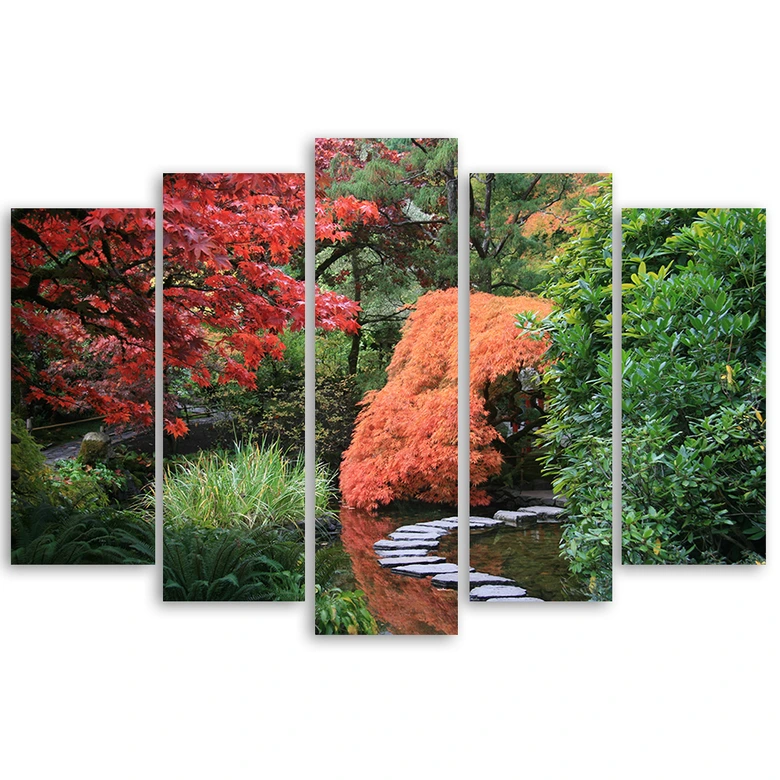 Leinwandbild 5 teilig, Japan Garten Wald 