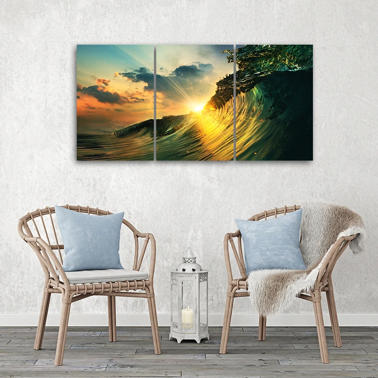 Leinwandbild 3-teilig, Wellen Himmel Sonnenuntergang 