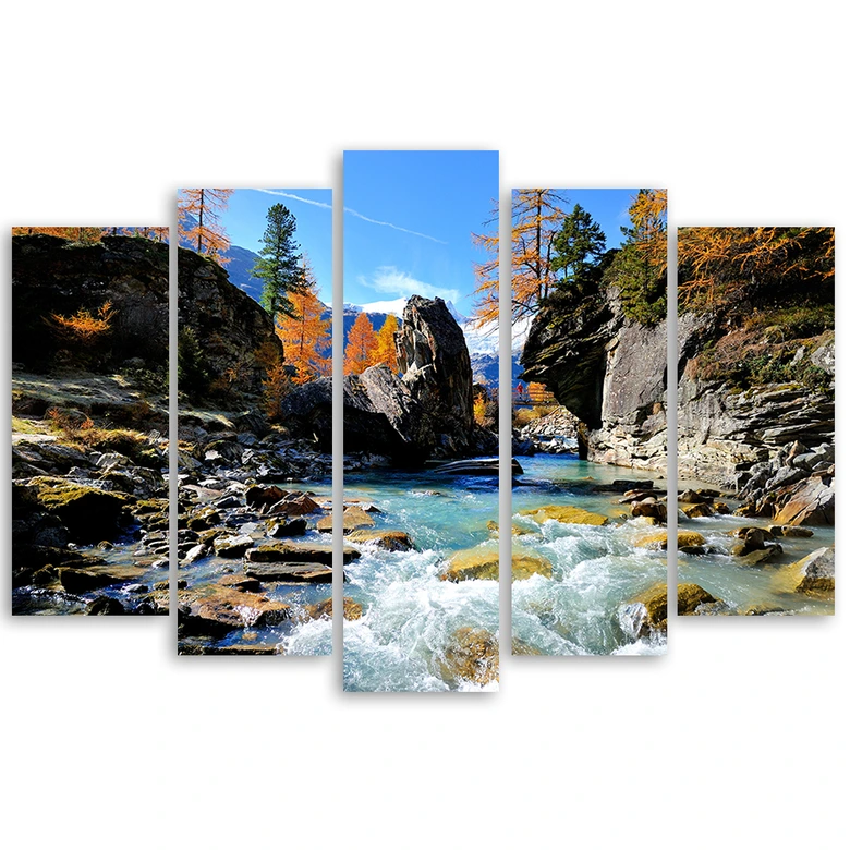 Leinwandbild 5 teilig, Berge Wasserfall Felsen 