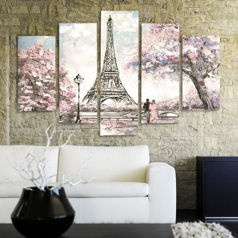 Leinwandbild 5 teilig, Pariser Eiffelturm Pastellfarben 