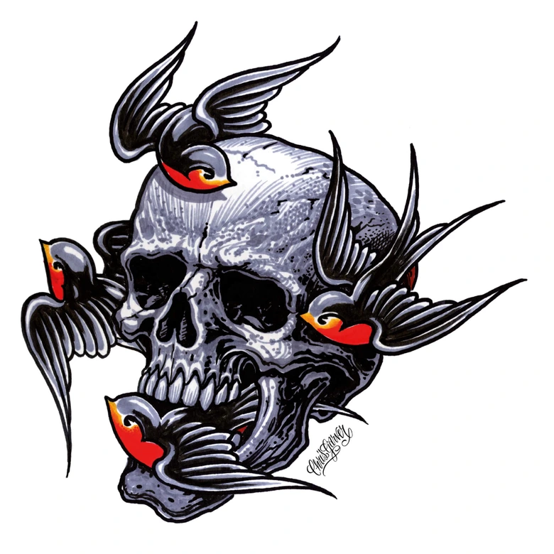 Fensterbild Miami Ink Schädel mit Schwalben 