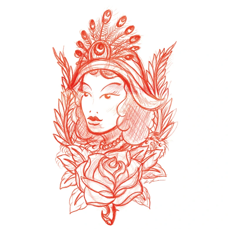 Miami Ink kvinna med fönstermålning av påfågelfjädrar 