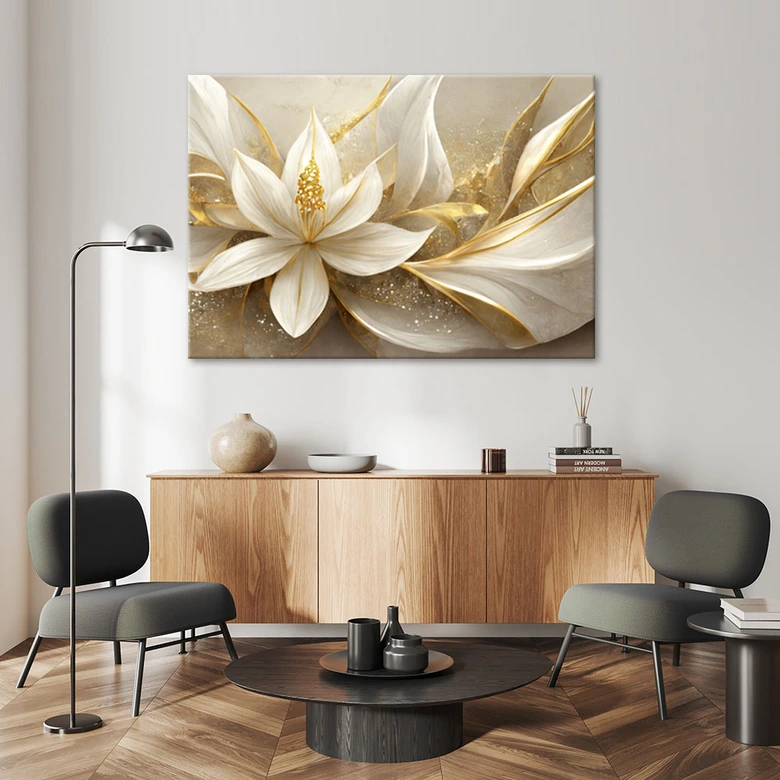 Leinwandbild, Goldene Glamour-Blumen 3D 