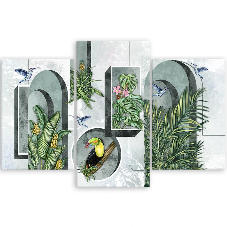 Leinwandbild 3 teilig, Formen in der Wand mit Pflanzen und Vögeln Toucan Koliber 