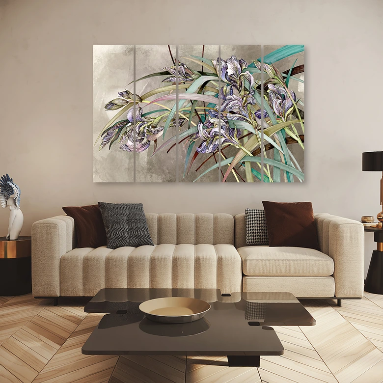 Leinwandbild 5 teilig, Iris Blumen im Wind 