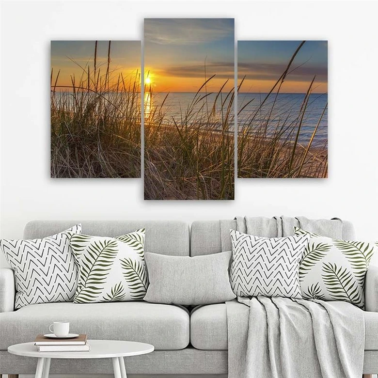 Leinwandbild 3-teilig, Meer Strand Gras Sonnenuntergang 