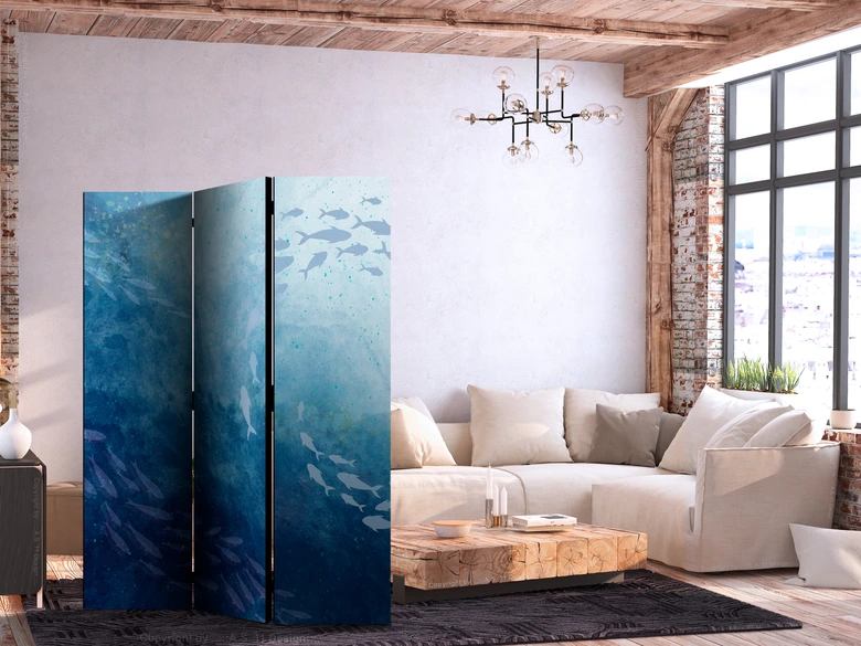 Paravent, Raumteiler freistehend, Trennwand - Luminous Clusters of Fish in Blue Hues Amidst the Sea Depths 
