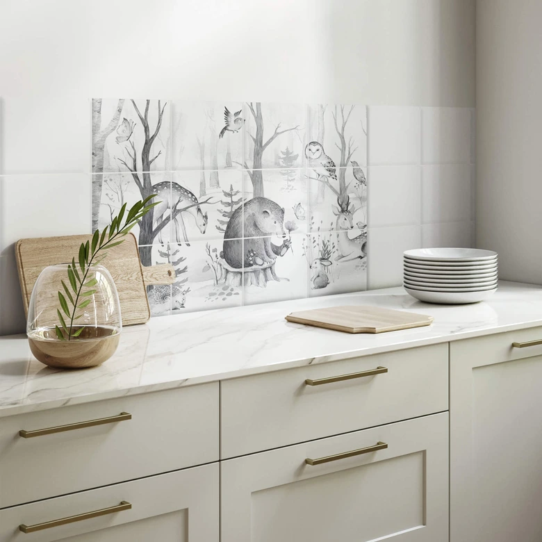 Tegelstickers Kvilis - Dieren in het Bos zwart-wit (set van 12) 