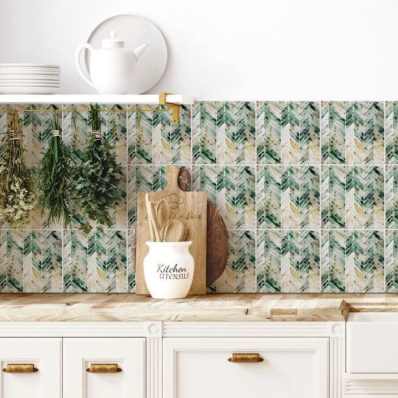 Kakeldekorer Grönt fiskbensmönster i akvarell - Treechild - Set om 12 Matt | 15x15 cm