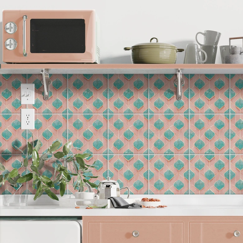 Azulejos Adhesivos rombos turquesa rosa - Treechild - lote de 12 Alto brillo | 10x10 cm