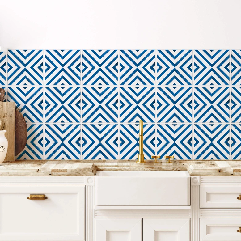 Kakeldekorer i akvarell - Diagonala rutor - Blå - Set om 12 