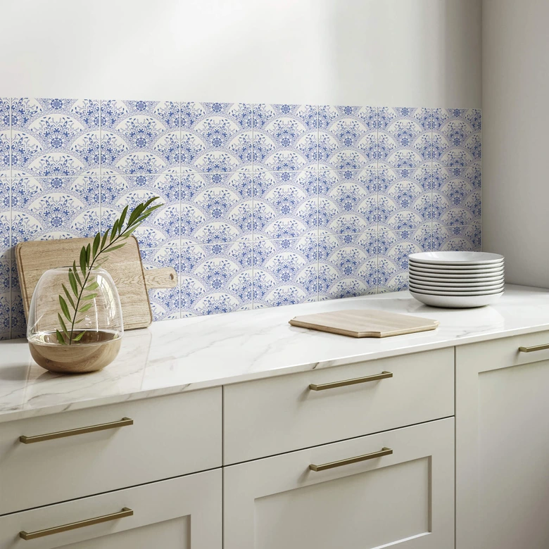 Azulejos Adhesivos azul motivo floral en estilo Art Deco - lote de 12 Alto brillo | 10x10 cm