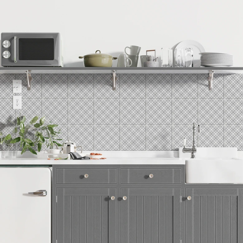 Kakeldekorer med rutmönster i grått och vitt - set om 12 