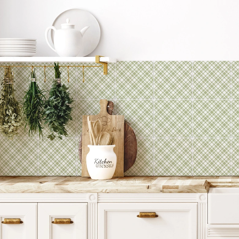 Tile stickers checkered pattern in pistachio white - set of 12 