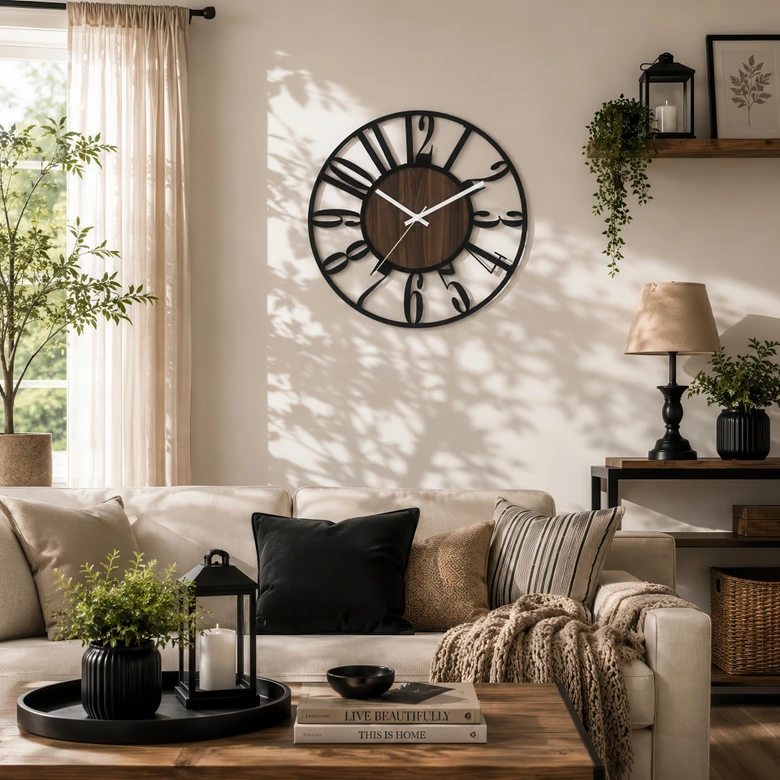 Design wandklok Dark Contrast met walnoot houtlook en Arabische cijfers Ø50 cm 