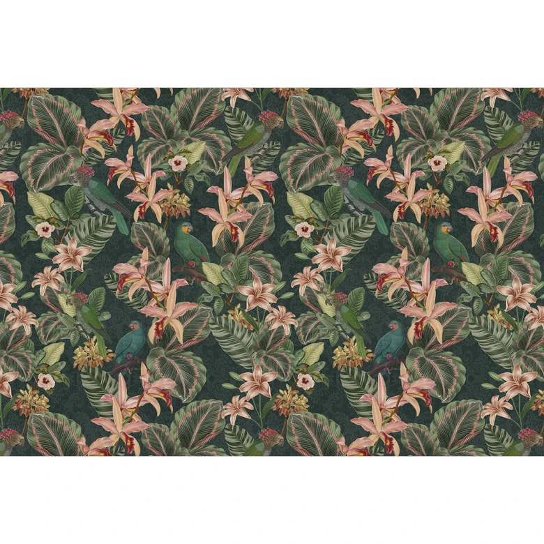 Fototapete Dschungel mit Papageien Nachtgrün | Urban Jungle Tapete - Bloomery Decor 